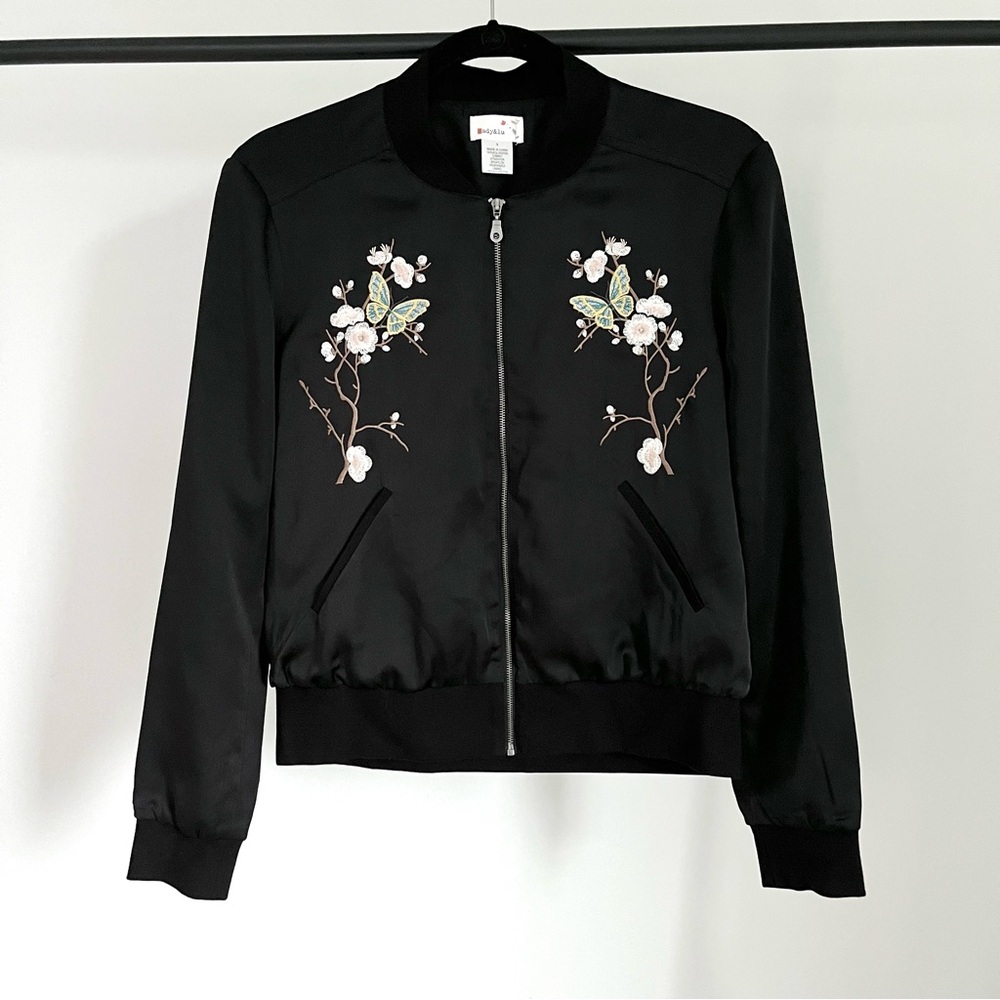 Sadly & Lu | Bomber Jacket | Black | Cherry Blossoms | Small